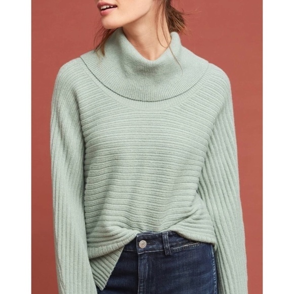 Anthropologie Moth Ribbed Turtleneck Knit Green Sweater - Picture 1 of 13